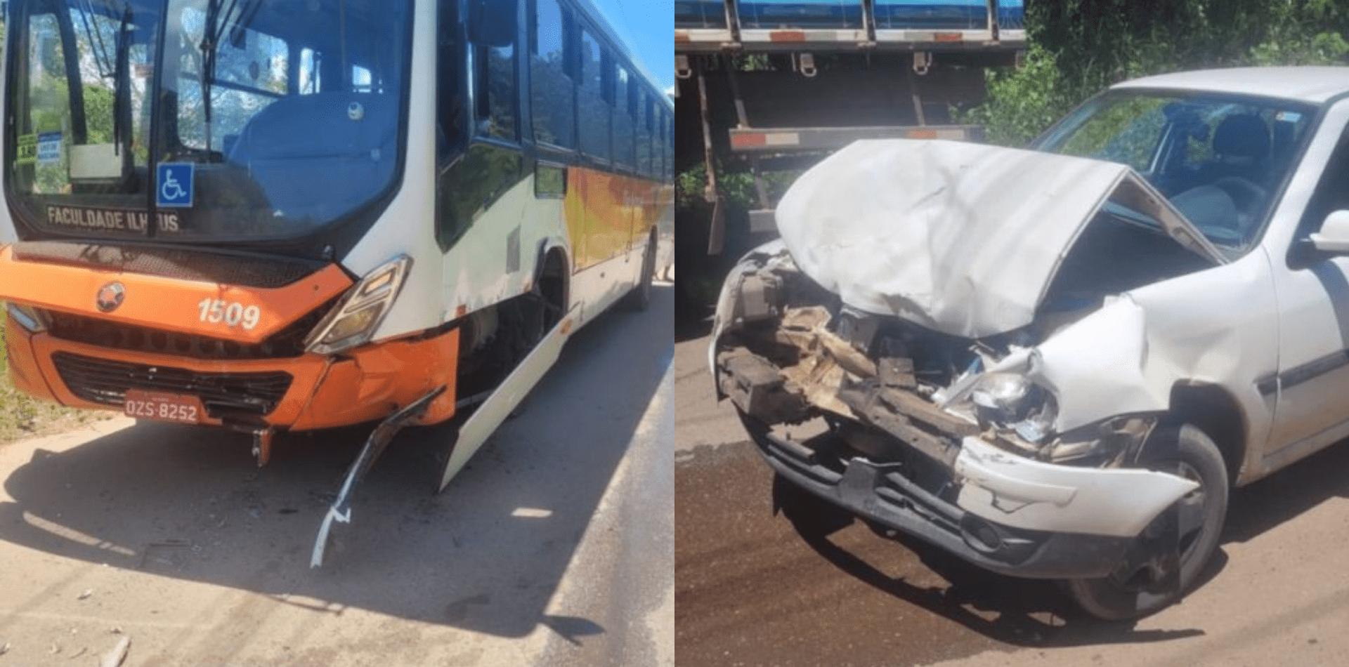 Um batida entre um carro e um ônibus da empresa São Miguel deixou o trânsito lento nas adjacências do Residencial Sol e Mar. A colisão aconteceu na tarde desta sexta-feira (1), nas proximidades da BR-251, trecho que liga as cidades de Ilhéus e Burarema. Na imagem é possível ver a frente do carro completamente destruída. A Sutram e a Polícia Militar foram acionadas. Até o momento o estado de saúde das vítimas não foi divulgado, e não há informações sobre o que pode ter causado o acidente.