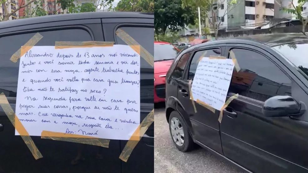 Mulher descobre traição e cola cartaz de término no carro do companheiro: 'crie vergonha na cara'